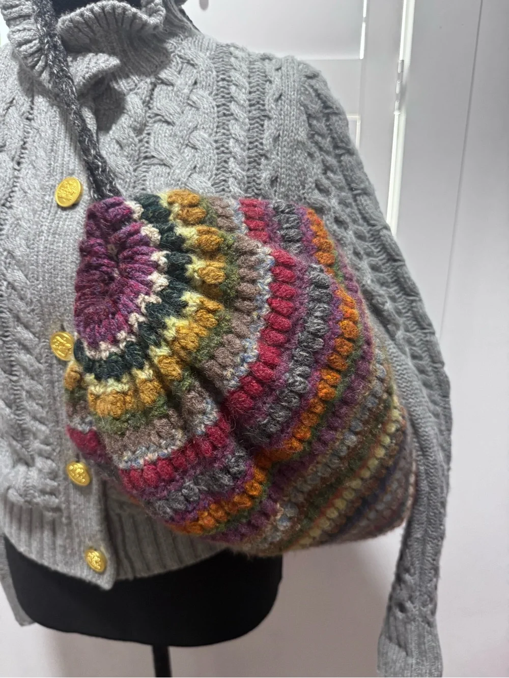 Susan Martin for Garnet Hill 100% Wool Crochet Bucket Shoulder Bag Boho
